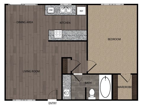 Floor plan for 1 bed, 1 bath, 625 sqft